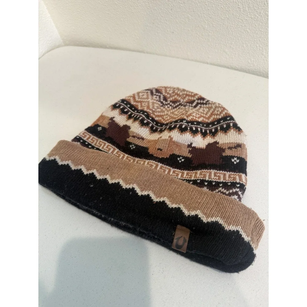 True Religion Fair Isle Knit Beanie Brown Tan Black Lambswool Cashmere Blend Hat